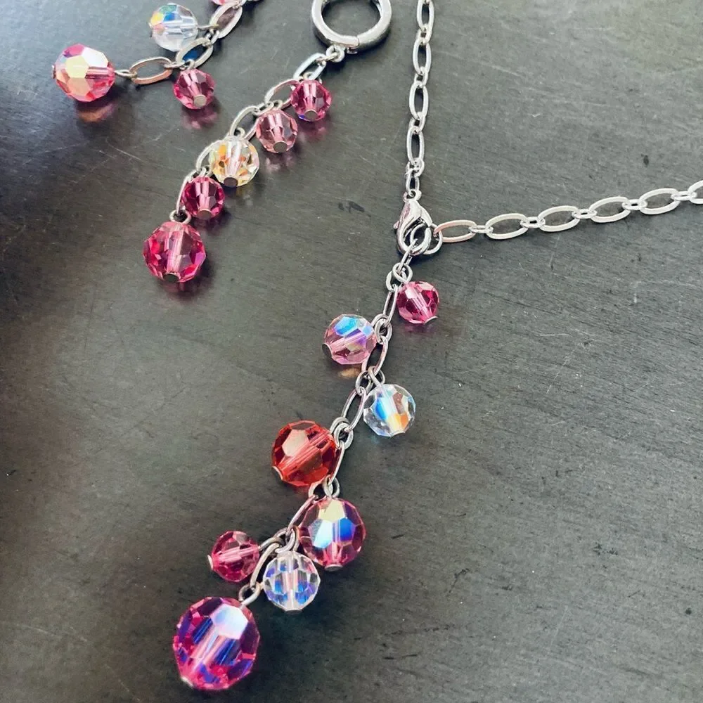 Pink Beaded Silver Chain Earrings Necklace Set